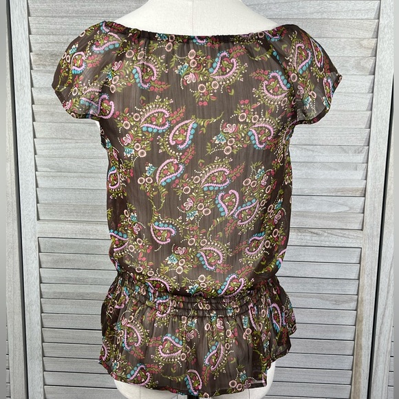 MOSSIMO SUPPLY CO Peplum Blouse Short Sleeve Sheer Brown Floral-Small - Picture 3 of 3